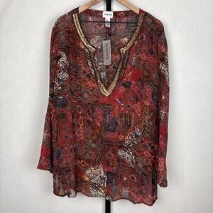 Chico's Authentic Scribe Selma Long Sleeve Tunic 3/XL New Hand Beaded Boho Artsy